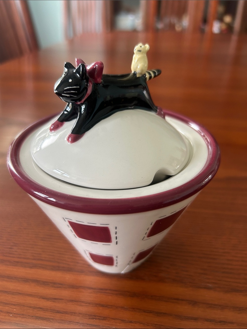 Ceramic Black Cat Sugar Bowl with Maroon Accents mouse Cat in Heels